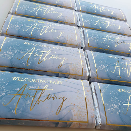 'Welcome Baby' Blue marble with foil | Personalised chocolate bars