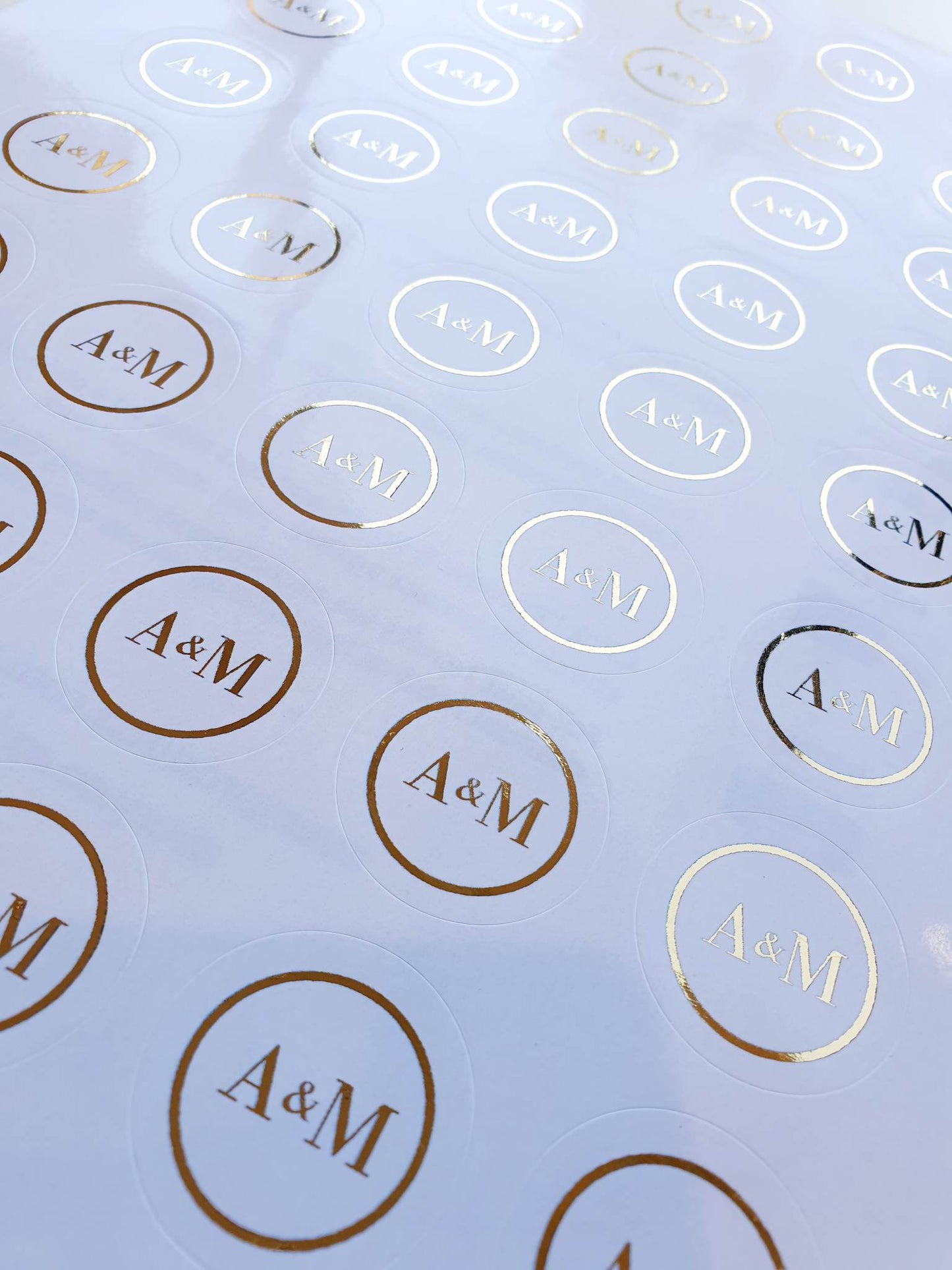 Initial gold foil Round Stickers | White Gloss Clear Transparent
